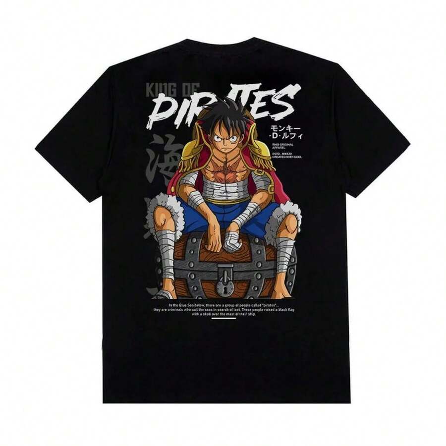 High-Quality ONE PIECE M11onkey D. L1uffy T-Shirts For Men And Women. Unisex T-Shirt Made Of Thick 220g Cotton, Soft And Breathable With Excellent Elasticity, Skin-Friendly And Comfortable For All-Day Wear. Classic And Casual Design, Easy To Match, Ideal For Everyday Outings, Streetwear, Sports, Dates, And Casual Get-Togethers Year-Round. - 黑色 - 查看 1