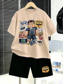 2pcs/Set Cartoon Game Style Boys' Printed Round Neck T-Shirt And Shorts Set, Fashionable And Comfortable Summer Outfit, Back To School, Everyday Wear - Multicolor - View 1
