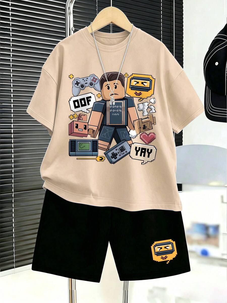 2pcs/Set Cartoon Game Style Boys' Printed Round Neck T-Shirt And Shorts Set, Fashionable And Comfortable Summer Outfit, Back To School, Everyday Wear - Multicolor - View 1