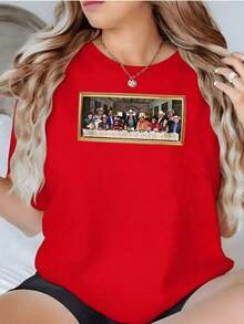 1 Casual Fashion T-Shirt For Men And Women With A Fun Last Supper Design Featuring A Hat, 100% Cotton. Casual And Original Style. Versatile, Easy To Match, Suitable For Everyday Wear, Urban Style, Vacation Wear, Weekend Wear. - 紅色的 - 查看 7