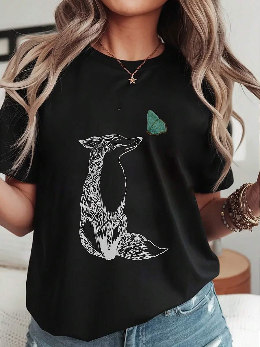 Fox Butterfly - Women's Plus Size Fashion Casual T-Shirt With Elegant And Simple Print, Round Neck, Short Sleeve And Comfortable - A Very Distinctive Printed T-Shirt / Unisex Style / Suitable For Both Men And Women / Wrinkle Resistant / Breathable - 黑色 - 查看 1