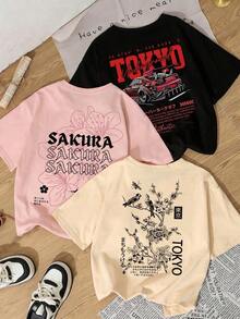 One-Piece Summer Set, New Style, Simple And Fun, With Combination Of Japanese Floral Print And Racing Style, Casual Short-Sleeved Round Neck T-Shirt, Modern And Versatile Women's Top. - Black - View 1