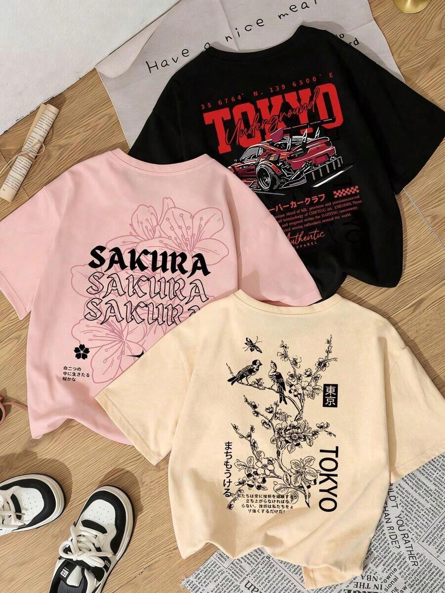 One-Piece Summer Set, New Style, Simple And Fun, With Combination Of Japanese Floral Print And Racing Style, Casual Short-Sleeved Round Neck T-Shirt, Modern And Versatile Women's Top. - Black - View 1