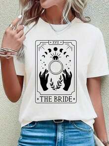 100% Cotton Gothic Print T-Shirt For Bride, Bridesmaid, Bridal Party, Bachelorette Party, Round Neck, Short Sleeve, Graphic Tees For Women. - 白色 - 查看 7