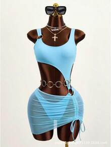 Women's One-Piece Swimsuit With Mesh, Solid Color, Sexy And Backless. - Sky Blue - View 9
