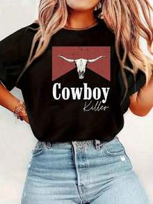 vintage Camiseta de mujer con estampado de vaquero del oeste - Camiseta casual de manga corta y cuello redondo, con diseño de calavera y paquete de cigarrillos, texto "COWBOY Killer", bloques de color blanco y rojo, lavable a máquina para todas las estaciones, accesorios de vaquero adorables, moda primavera/verano, camiseta con estampado digital audaz, atuendo de vacaciones para mujer.  top playeras de mujer>basico - Negro - Ver 7