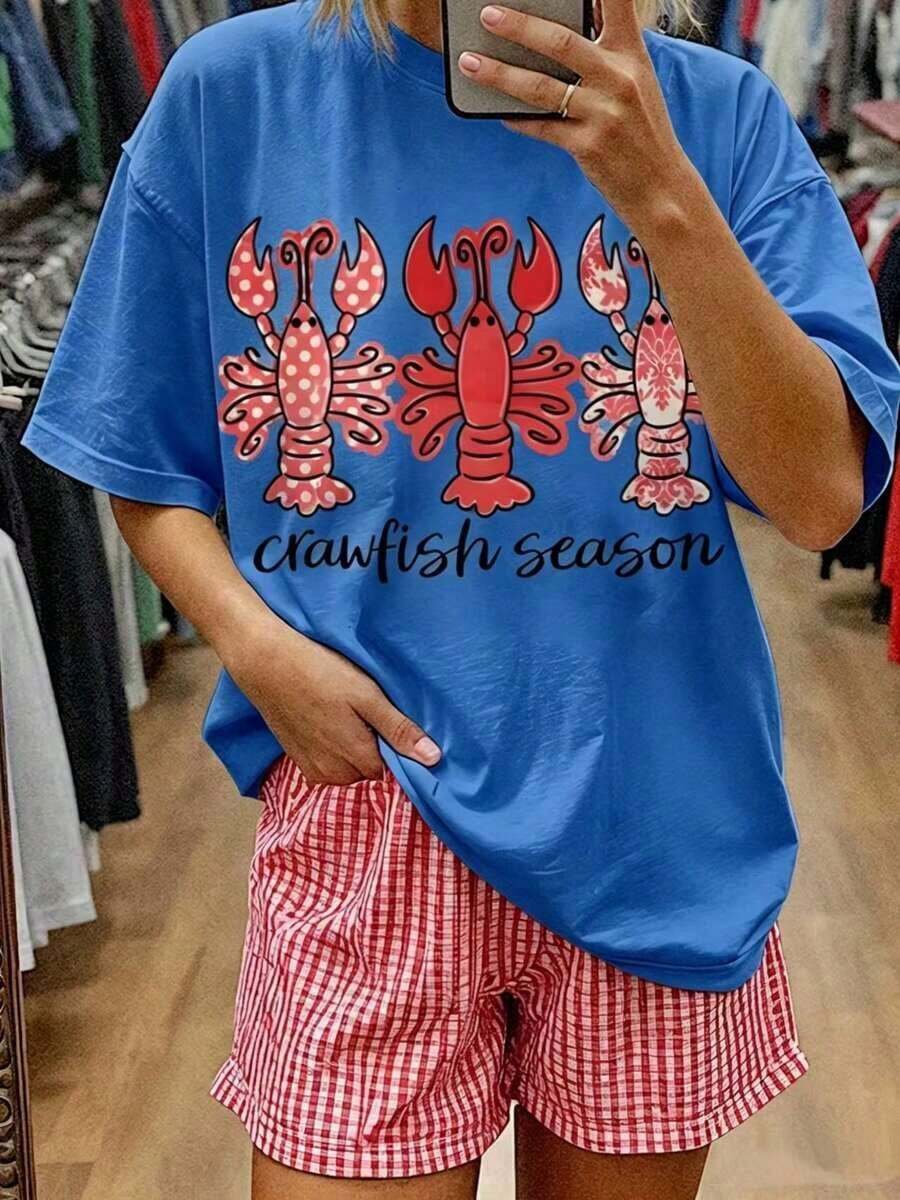 Camiseta Premium 100% con Estampado de Tres Cangrejos de Río, Manga Corta y Cuello Redondo | Estilo casual, tela ligeramente elástica, ideal para conjuntos de primavera/verano/otoño para mujeres, conjuntos de regalo para el Día de la Madre, ropa para la Copa del Mundo, ropa para fiestas de fútbol, ropa para el día del partido, camiseta extragrande unisex de fútbol de EE. UU., conjuntos de verano para mujeres. Ecológico - Azul - Ver 1