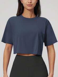 NcmRyu 1pc Women Solid Color Loose Cropped Short Sleeve Activewear Top Sports - Navy Blue - View 7