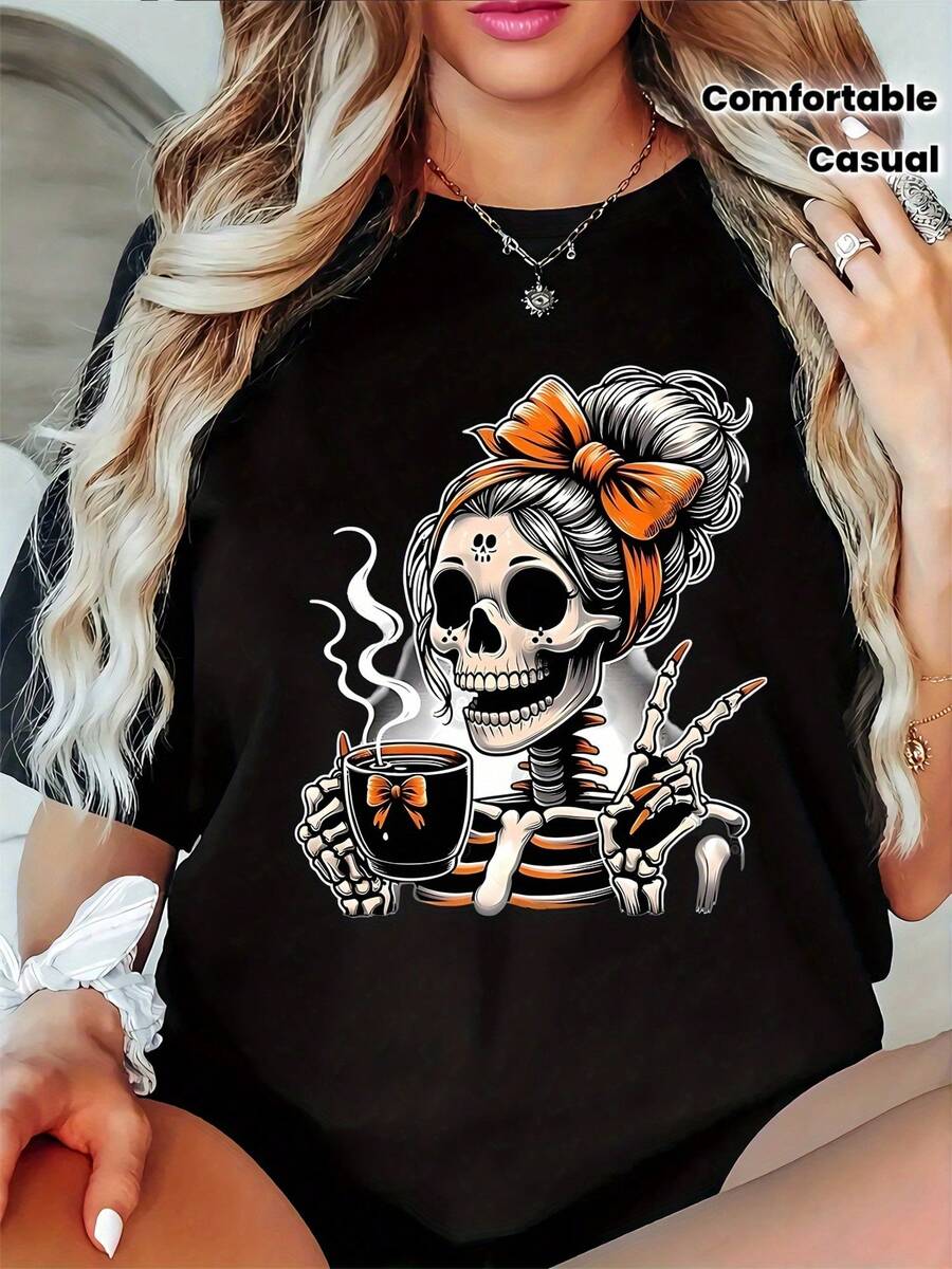 Women's Casual Printed T-Shirt, Round Neck, Short Sleeves, Slightly Stretchy Fabric, Regular Fit, Comfortable Top For All Seasons, Women's Clothing - 黑色 - 查看 1