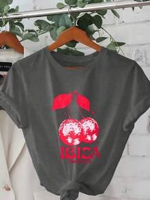 Women's Short-Sleeved, Crew-Neck T-Shirt With A Cherry Print, Featuring A Vibrant Red Cherry Design And The Word "Ibiza." Made From Soft Polyester, It's Perfect For Spring And Summer. A Fashionable And Stylish Addition To Any Wardrobe. | Optimistic Design | Comfortable 180g 100% Cotton - 白色 - 查看 7