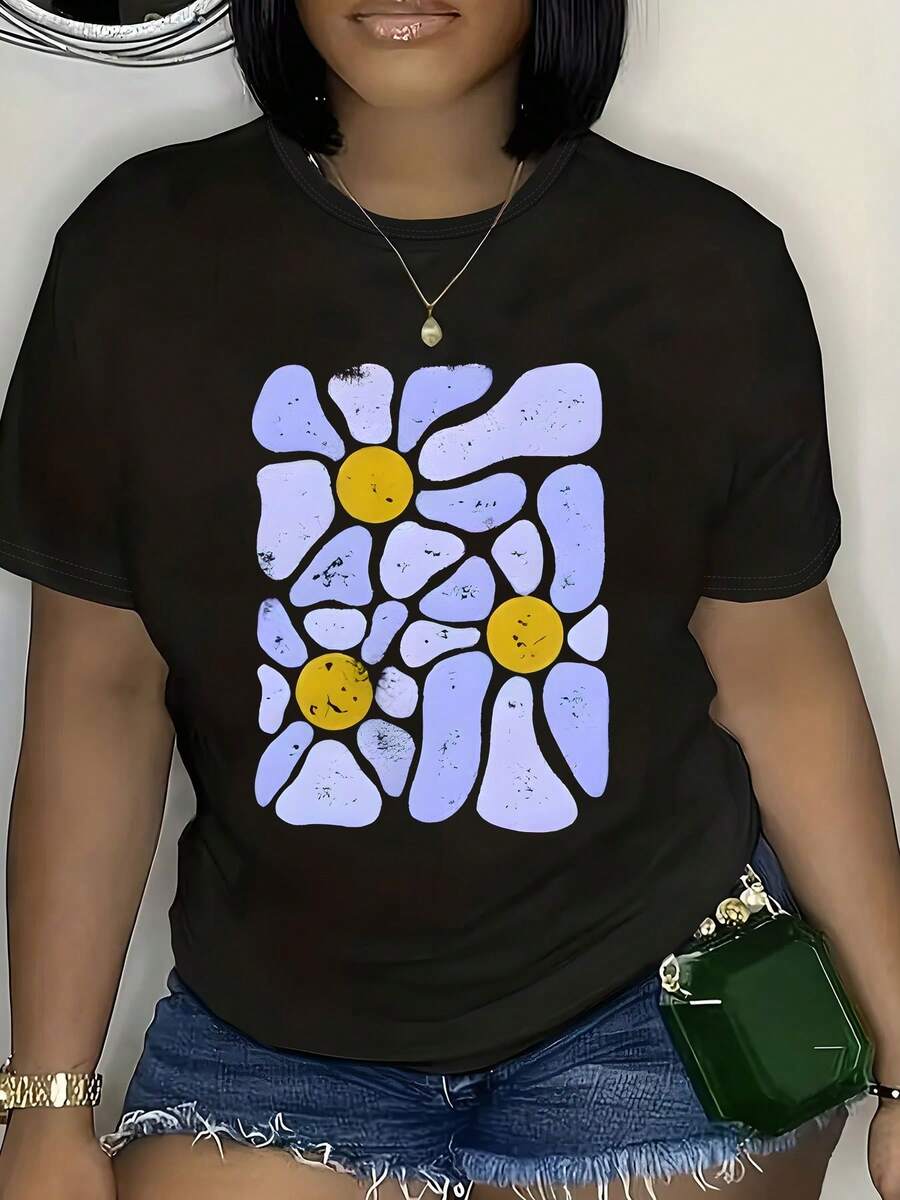 Ropa de mujer de talla grande, camiseta de manga corta estampada casual de talla extra grande para mujer - cuello redondo suave, cómoda para todas las estaciones, regalo perfecto para uso diario, top de mujer. - Negro - Ver 1