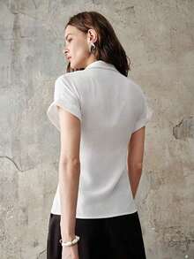Nueva camisa de manga corta de unicolor, elegante y casual con aspecto de lino y lazo, estilo europeo y americano, para primavera/verano - Blanco - Ver 3
