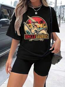 1 Piece, Unisex Short Sleeve Crew Neck T-Shirt, 180g, Retro Dinosaur Family Print With Sunset Palm Trees, Y2K Bababask Inspired Style, 100% Pure Cotton, Casual And Versatile For Urban Wear, Daily Outings, Summer, Camping, Concerts, Hip-Hop/Rock/Rap Events And Beachwear. Ideal For Festivals, Autumn, Year-Round Wear And Plus Sizes. - 黑色 - 查看 6