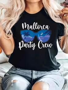 Camiseta con estampado gráfico de gafas de moda de Mallorca Party Crew Night Scene, camiseta casual de manga corta y cuello redondo para mujer, primavera-verano, para ocio diario, regalo de vacaciones. - Negro - Ver 1