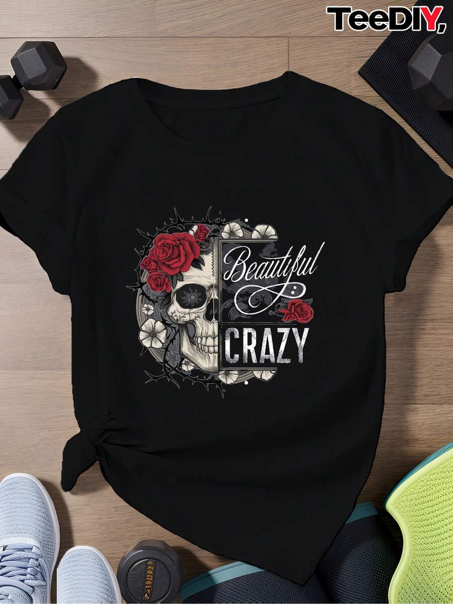 Camiseta deportiva de manga corta para mujer, talla grande, con diseño de calavera y rosa roja. - Negro - Ver 1