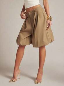 Pantalón corto/largo de mujer con dobladillo acampanado y fruncido - Caqui - Ver 4