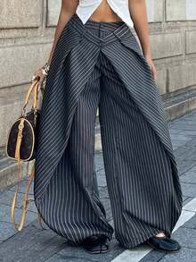 Pantalones casuales de rayas tejidas de color gris oscuro para mujer - Gris - Ver 2