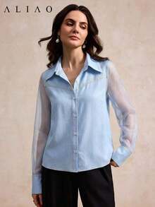 Camisa de mujer ALIAO moderna, elegante, sofisticada y versátil para el trabajo y el día a día. Textura de efecto de mezclilla con parches de malla de alta calidad, transpirable y de doble botonadura, adecuada para todas las estaciones. - Lavado ligero - Ver 5