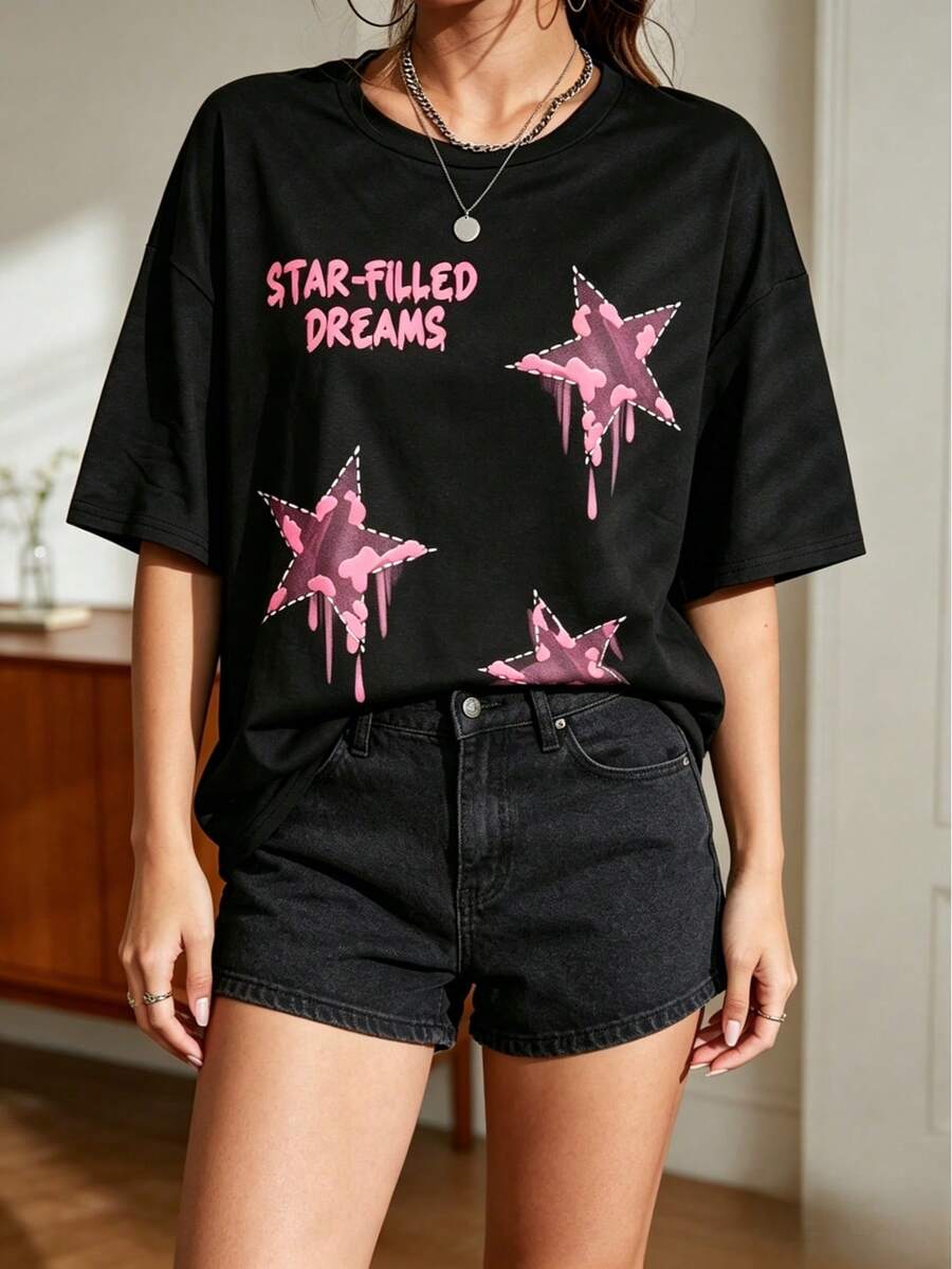 Camiseta de manga corta para mujer con estampado gráfico de estrellas con efecto de goteo, cuello redondo, corte holgado, ideal para uso diario, salidas casuales, fin de semana y salidas urbanas, estilo casual, streetwear y urbano, para primavera y verano, envío nacional en México. - Negro - Ver 1