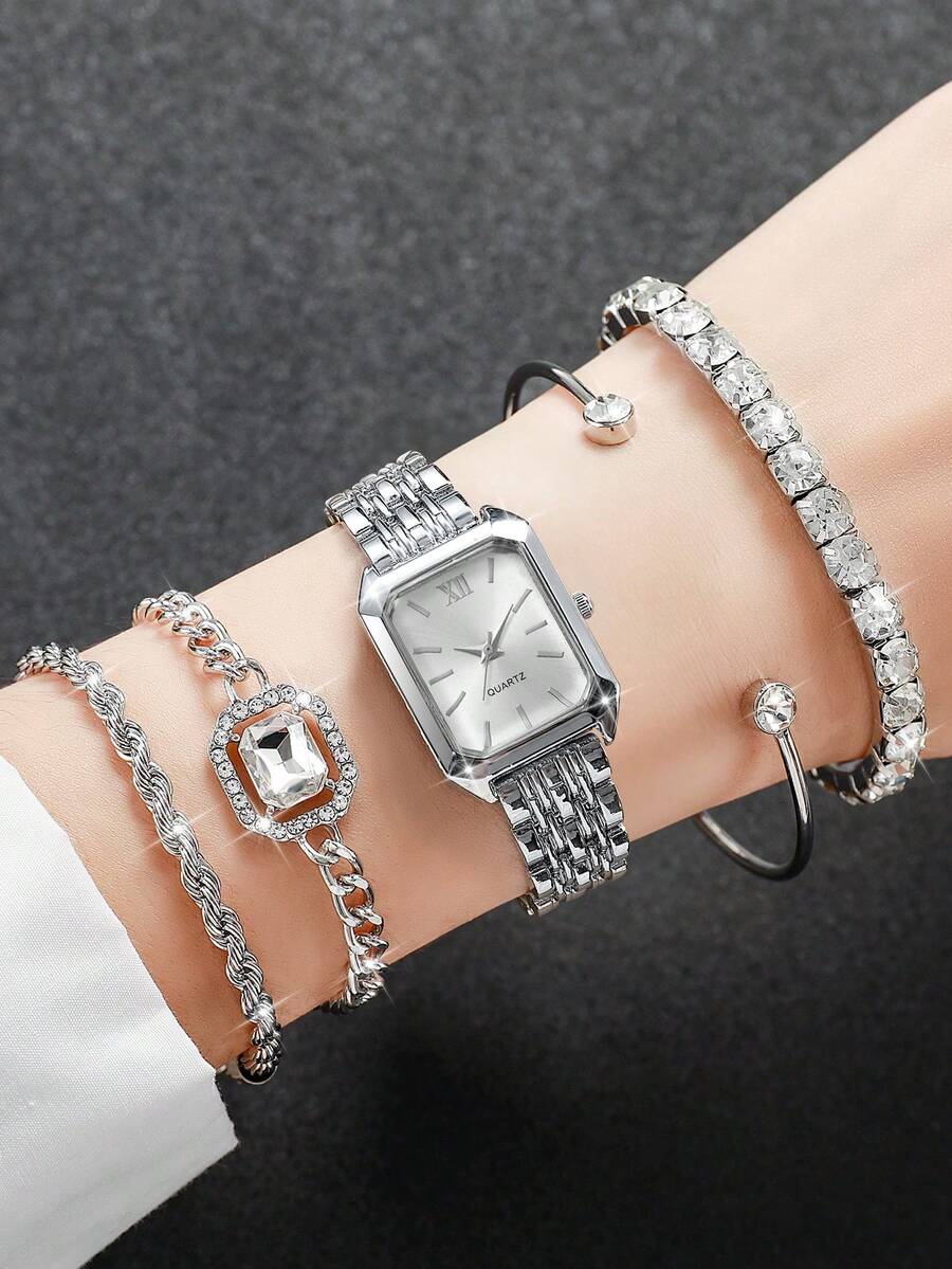 Bộ 5 chiếc đồng hồ đeo tay nữ thời trang thường ngày, mặt số La Mã vuông, máy quartz, kèm dây đeo (không bao gồm đồng hồ). - Bạc - Xem 1