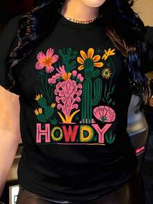 Women's Clothing Graphic T-Shirt For Women With Colorful Cactus And Flower Design, Casual Round Neck, Short Sleeve, Vibrant Desert-Inspired Design, Perfect For Everyday Wear And Casual Outfits, Women's Shirts - 黑色 - 查看 6