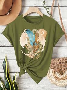 Camiseta de manga corta con cuello redondo, estilo mexicano, estampado de plumas en rosa brillante, estilo retro a la moda, ropa casual deportiva y de fitness para mujer, adecuada para todas las estaciones--Ligera y transpirable. - Blanco 1 - Ver 12