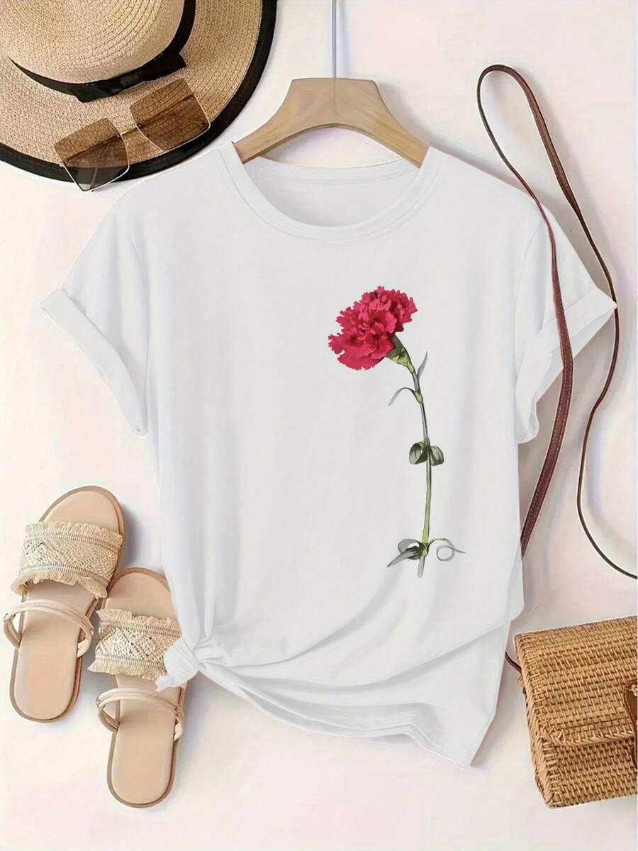 Camiseta de mujer con estampado floral, moda europea y americana, cuello redondo, manga corta, jersey deportivo para mujer. - Blanco - Ver 1