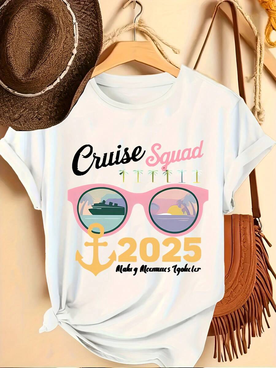 Women's T-Shirt, Fashionable Women's Sports Series, Casual Short-Sleeved T-Shirt With Round Neck And Letter Print With Summer Glasses Design. - 白色 - 查看 1