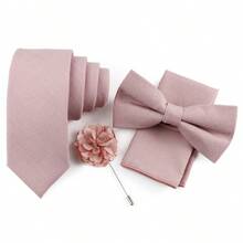 Bộ 4 món dành cho nam giới, làm từ sợi tre mềm mại, bao gồm cà vạt, nơ, khăn cài túi và hoa cài áo, thích hợp cho đám cưới, họp mặt và tiệc tùng. - Hồng - Xem 2