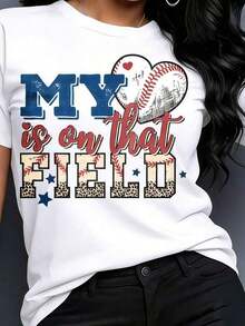 Women's 100% Cotton "My Heart Is On That Field" Baseball Mom T-Shirt Crew Neck Sports Fan Gift Top For Player Moms & Team Supporters Game Day Wear - 白色 - 查看 4