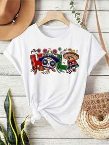 Camiseta de Mujer Estilo Vintage con Estampado de Calavera Hola, Estilo Mexicano, Manga Corta, Cuello Redondo, Elástica, Casual, Festiva para el Cinco de Mayo, Vacaciones de Verano, Múltiples Colores Disponibles, Ropa de Fiesta Mexicana, Top con Estampado Vibrante, Tela de Elasticidad Media, Playeras de Mujer - Negro - Ver 8