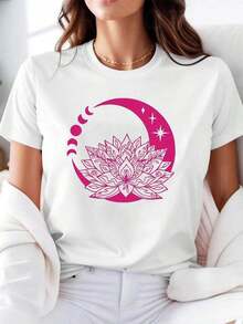 Camiseta de manga corta para mujer estilo boho yoga con diseño de loto rosa y fases lunares, cómoda y casual, de algodón elástico. - Blanco - Ver 7