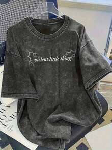 1 camiseta vintage de corte holgado con efecto desgastado - Tejido pesado 100% suave y transpirable, cuello redondo, manga corta, estilo casual holgado de calle con estampado de letras góticas blancas, adecuada para uso casual y conjuntos personalizados, 180g de algodón 100%. - Negro - Ver 1