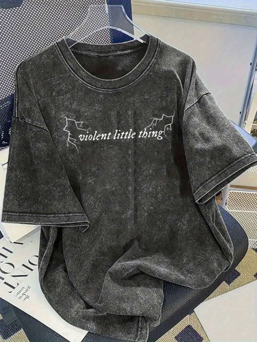 1 camiseta vintage de corte holgado con efecto desgastado - Tejido pesado 100% suave y transpirable, cuello redondo, manga corta, estilo casual holgado de calle con estampado de letras góticas blancas, adecuada para uso casual y conjuntos personalizados, 180g de algodón 100%. - Negro - Ver 1