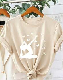 NewSummerCasualCamiseta Gráfica para Mujer con Estampado de Letras y Gestos de Yoga, Estampado de Mariposa con la Palabra YOGA, Manga Corta para Vacaciones de Verano, Estilo Deportivo Casual, Elegante, Vintage, Holgada, Adelgazante y Versátil, 100% Algodón. Blusas para dama casuales - Estilo vintage urbano, unisex, holgadas, de algodón, manga corta, cuello redondo. - Albaricoque - Ver 6