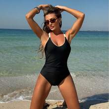 Nuevo traje de baño de una pieza para mujer, de color sólido, moderno y sexy, con tirantes cruzados en los hombros, el más vendido. - Traje de baño negro 9259 - Ver 4