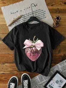 Camiseta Casual de Mujer 100% Algodón con Estampado de Fresas y Lazo, Cuello Redondo, Manga Corta, Tela de Elasticidad Media, Detalles de Apliques, Lavable a Máquina, Camiseta para Todas las Temporadas, Camiseta con Diseño Divertido, Camiseta de Elasticidad Media, Temática de Fresas, Tallas S-7XL, Perfecta para Citas, Actividades al Aire Libre y Uso Casual, Presenta un Estilo Clásico Americano.Transpirable y cómodo - Negro - Ver 1