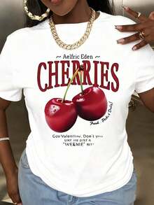 Women's Cherries Aric Eden Valentine Casual T-Shirt, Short Sleeve Graphic Tee With Fruit Print, Cute Summer Top, Fashionable 100% Cotton T-Shirt, Durable - 白色 - 查看 2