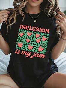 Elegante y casual mujer manga corta,Inclusion Is My Jam T Shirt Summer Strawberry Print White Casual Wear For Women Spring And Summer - Negro - Ver 1