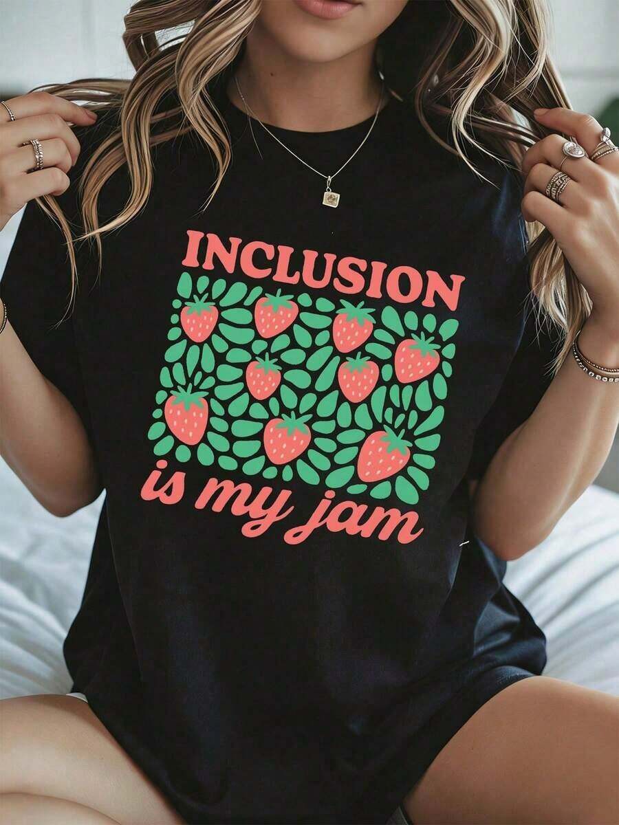 Elegante y casual mujer manga corta,Inclusion Is My Jam T Shirt Summer Strawberry Print White Casual Wear For Women Spring And Summer - Negro - Ver 1