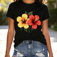 Women's T-Shirt With Yellow Hibiscus Print, Two-Tone Tropical Hibiscus With Green Leaves, Bright And Eye-Catching Colors, High-Definition Thermal Print On A Background, Beachy And Sexy Style Ideal For Summer - 黑 - 查看 1
