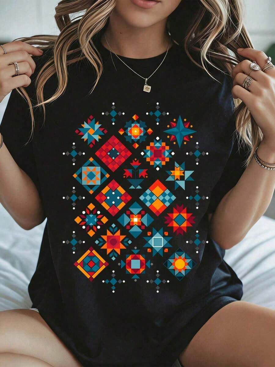 Elegante y casual para mujer, camiseta blanca de manga corta con patrón geométrico para mujer, ropa casual de verano, estilo boho, atuendo para festivales, top ligero y cómodo para uso diario. - Negro - Ver 1
