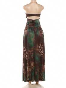 Vestido largo de vacaciones hombros al descubierto con cadena cuello halter cintura marcada y abertura lateral - Verde - Ver 7