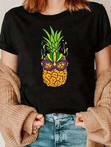 Camiseta Casual con Estampado de Piña y Frutas Divertidas, Camiseta de Cuello Redondo, Camisetas Gráficas para Mujer, Camiseta Casual de Manga Corta para Primavera y Verano, Ropa de Mujer, Camiseta de Algodón Puro de Alta Calidad de 220g con Estampado Minimalista, Tela Suave y Transpirable, Cómoda y Holgada, Adecuada para Uso Diario, Ideal para Vestimenta Casual de Oficina, Apariencia Diaria de Primavera y Verano, Diseño Elegante y Juvenil, Camisetas Estampadas, Blusas para Mujer, Camisetas de Manga Corta Estampadas de Una Pieza, 100% Algodón, Duradera - Negro - Ver 6
