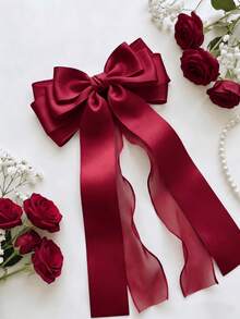 Kẹp tóc nơ lớn màu đỏ rượu vang cho nữ, kẹp tóc nơ satin & voan đỏ Bordeaux lớn với đuôi dài, phụ kiện tóc lụa thanh lịch kiểu Pháp phù hợp cho đám cưới, tiệc tùng, mặc hàng ngày vào mùa hè, kẹp càng cua, kẹp tóc - Màu Đỏ Sâu - Xem 3
