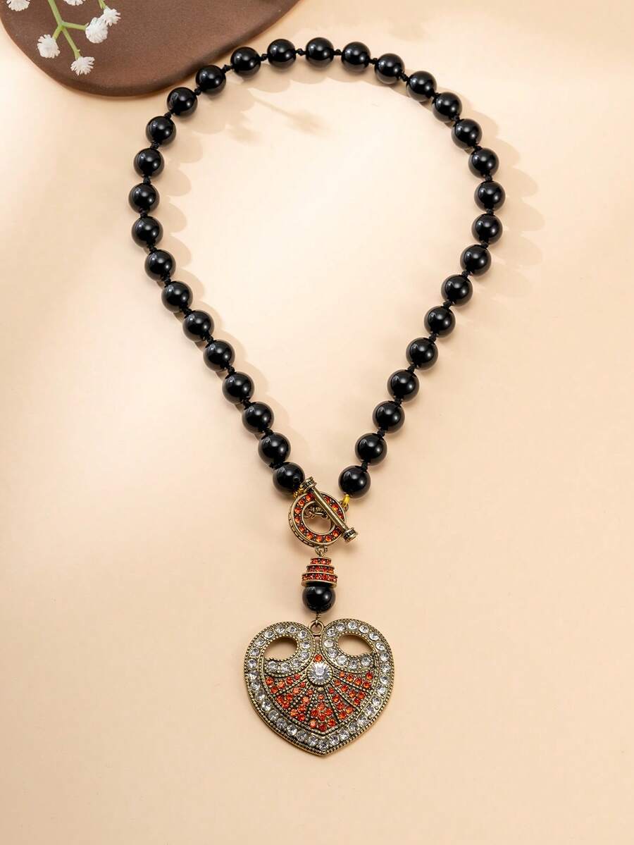 1 Pair Vintage Baroque Style Black Beaded Necklace, Retro Heart-Shaped Rhinestone Pendant Necklace, Niche Luxury Versatile Jewelry For Party And Commute