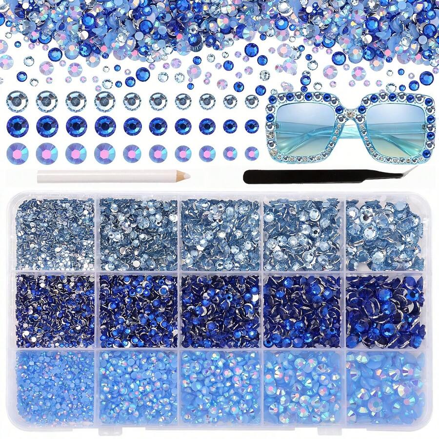8850pcs Blue Resin Rhinestones 15 Compartments For Crafts, Flat Back Resin Rhinestones For Dazzling Gemstones 2/3/4/5/6mm Flat Back Gems Jewelry Suitable For DIY Mugs, Glassware, Bottles, Clothing, Shoes, Art - Multicolor - View 1