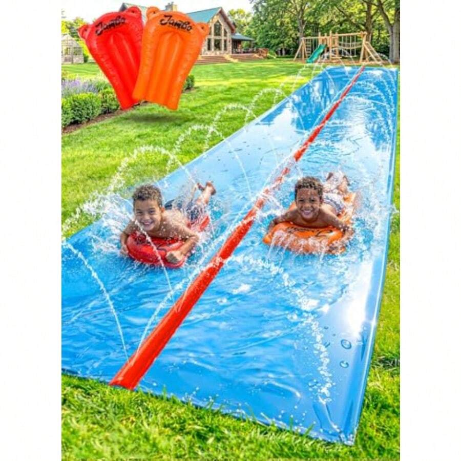 JAMBO Slip Splash y 40 pies con 2 Bodyboards Tobogán acuático para patio trasero y exteriores, juguetes de agua para niños con aspersores Almohadilla de salpicaduras al aire última - Doble carril 40 pies - Ver 1