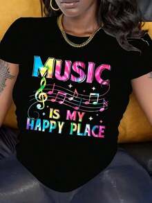 1 pieza de camiseta negra para mujer con estampado de notas musicales, cuello redondo, camiseta casual de algodón, tela de elasticidad media, corte regular para damas, para primavera/verano/otoño, Año Nuevo, 180g, 100% algodón. - Negro - Ver 1