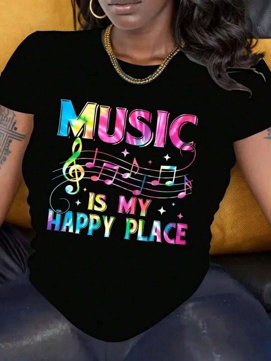 1 pieza de camiseta negra para mujer con estampado de notas musicales, cuello redondo, camiseta casual de algodón, tela de elasticidad media, corte regular para damas, para primavera/verano/otoño, Año Nuevo, 180g, 100% algodón. - Negro - Ver 1